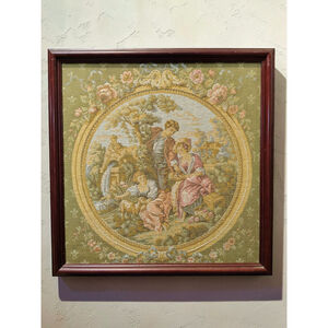 Vintage Framed Tapestry Fabric Victorian Garden Scene French or belgium? Large